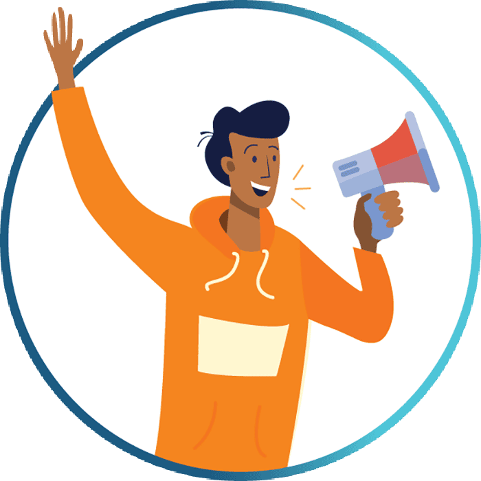 An illustration of an excited person talking into a megaphone
