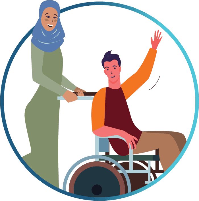 An illustration of two happy people, one is in a wheelchair