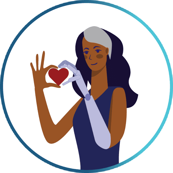 An illustration of a person with a prosthetic arm making the shape of a heart with her fingers