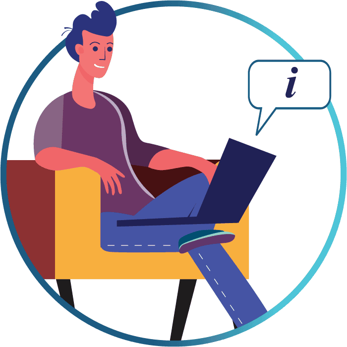 An illustration of a person sitting on a chair with a laptop.