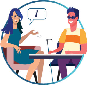 An illustration of two people having a conversation, one of them is blind