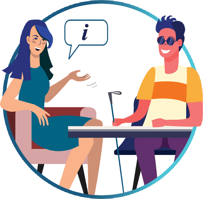 An illustration of two people having a conversation, one of them is blind